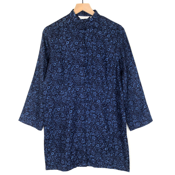 SPRING BREEZE Italian Tunic Sz M Blue Linen Cotton Button Up Mandarin Lagenlook‎ - Picture 1 of 13